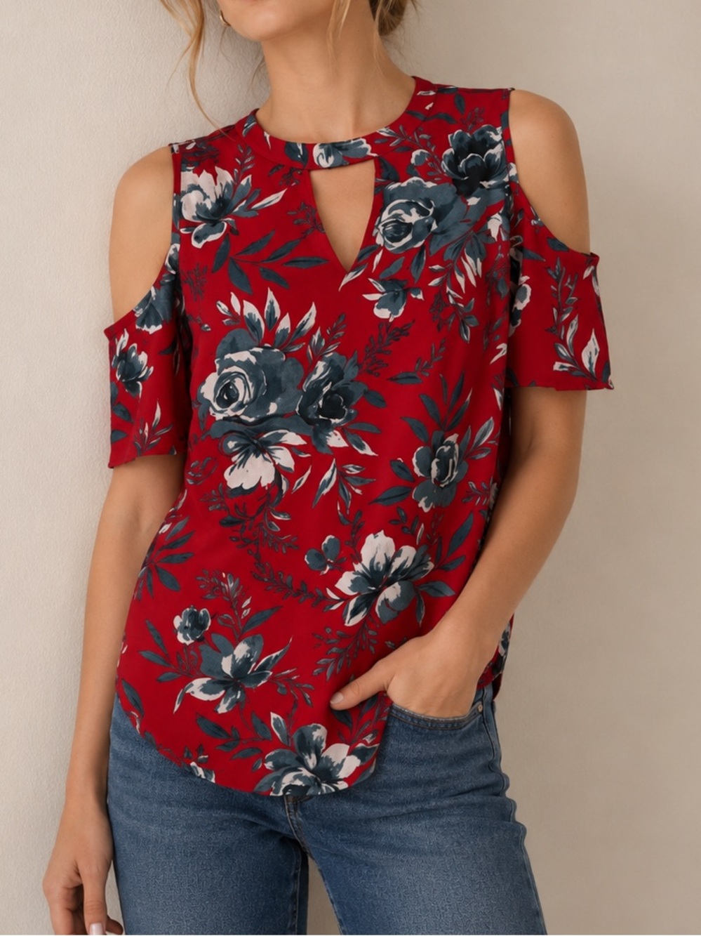 Japna Red Floral Cold Shoulder Blouse Size Small